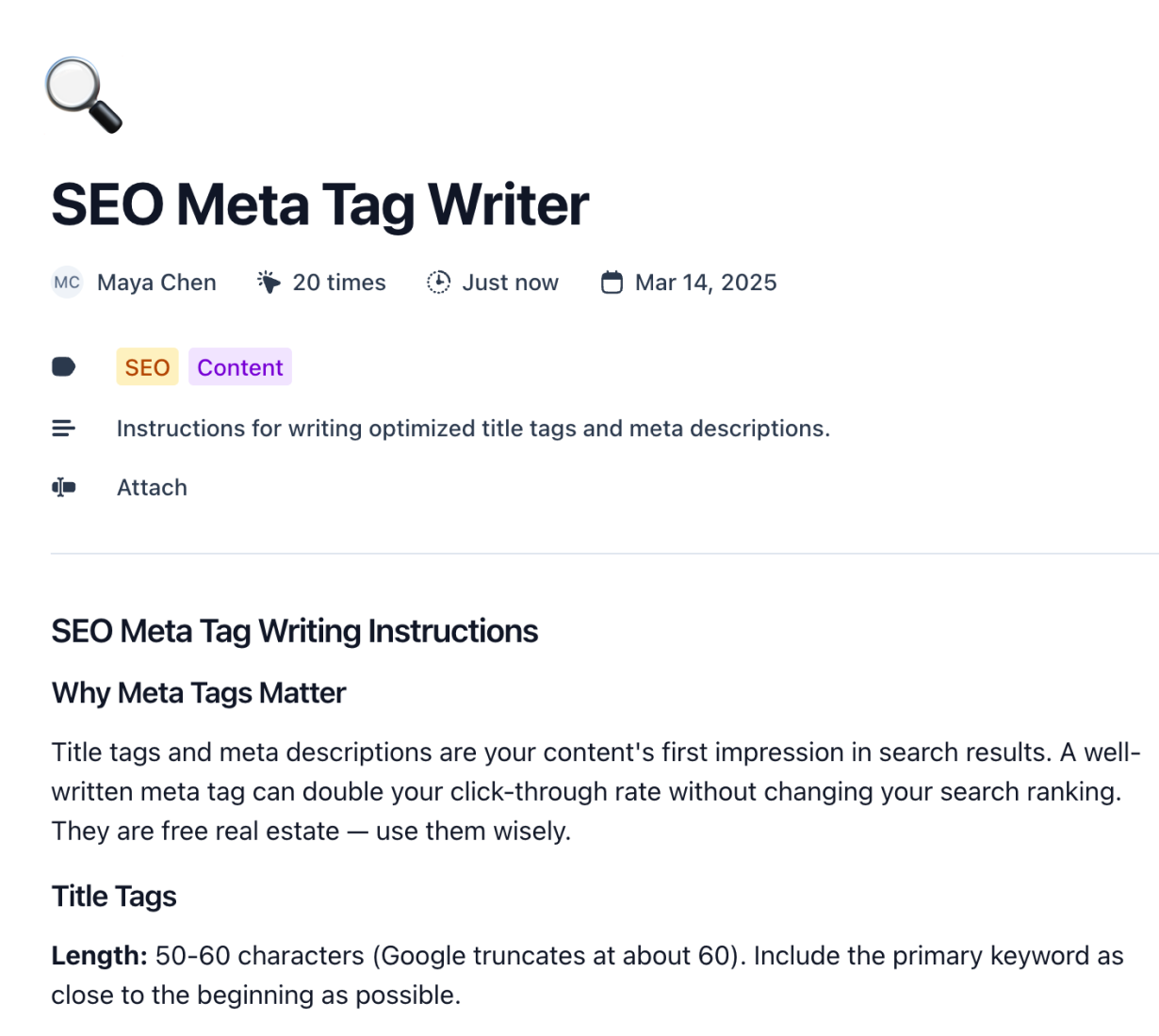 Promptr for AI starter library — SEO Meta Tag Writer detail