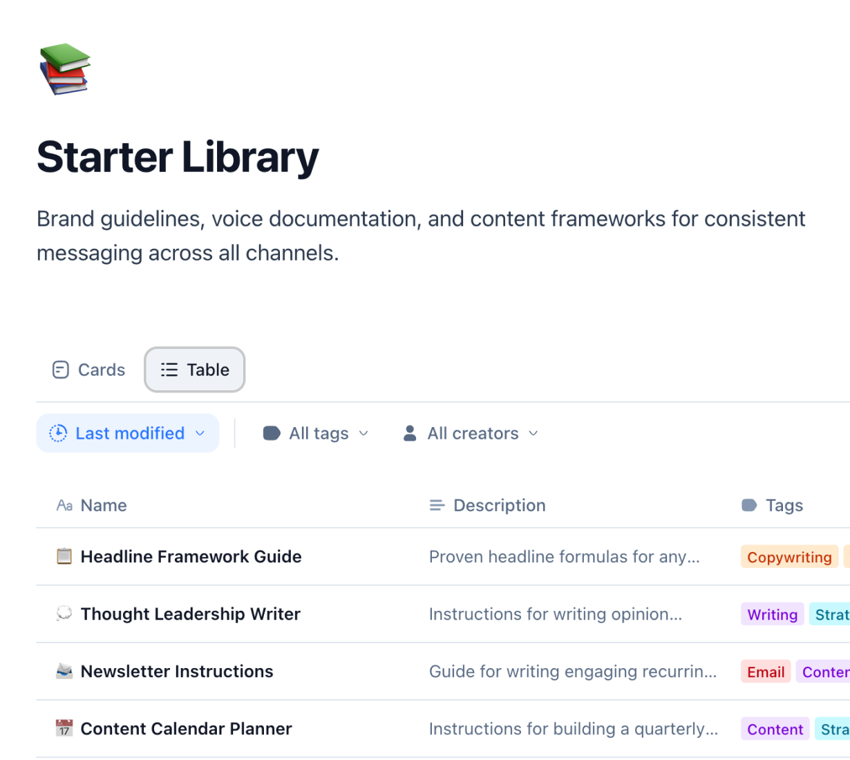 Promptr for AI starter library — table view with templates