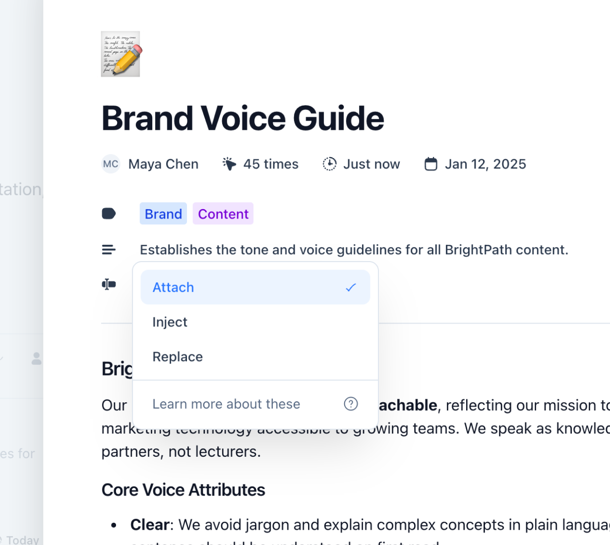 Promptr for AI web app — Brand Voice Guide detail with attach mode