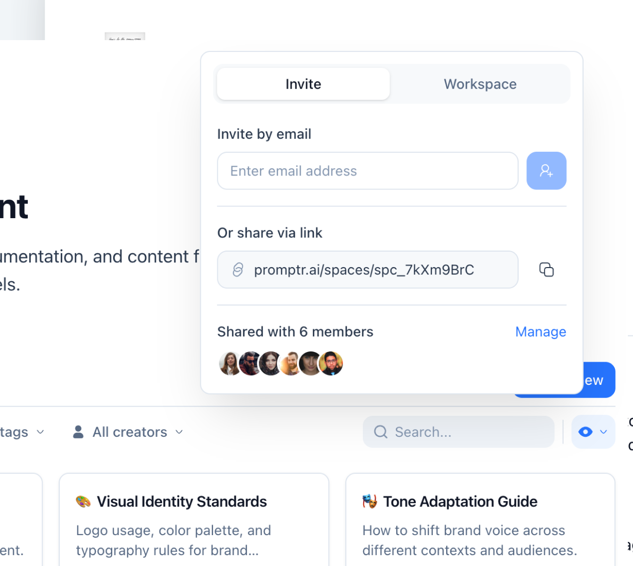 Promptr for AI web app — invite and share workspace