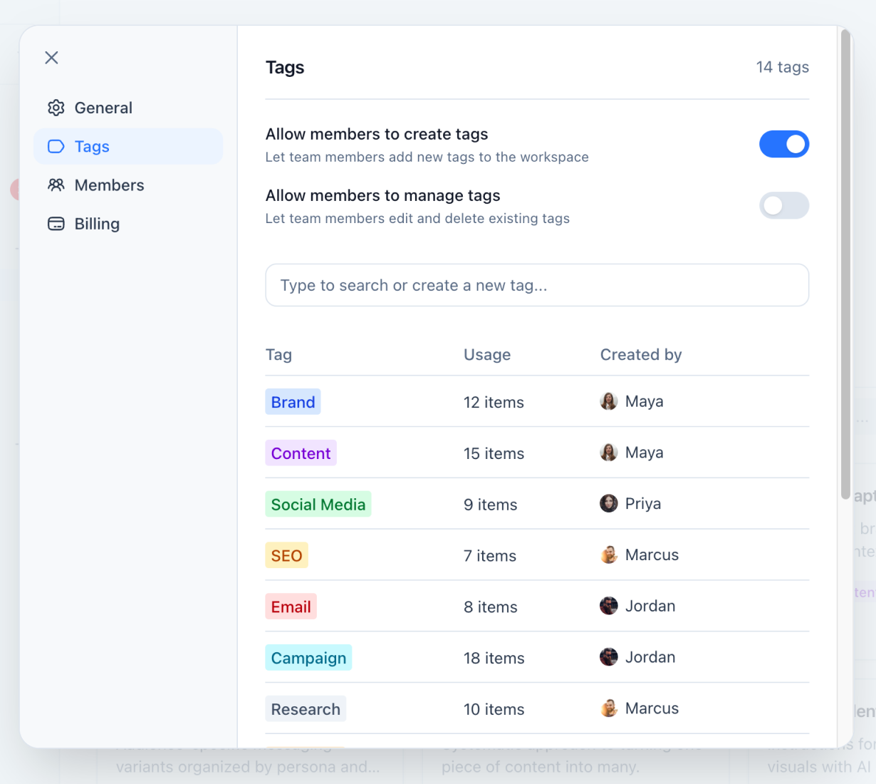 Promptr for AI web app — tag management settings