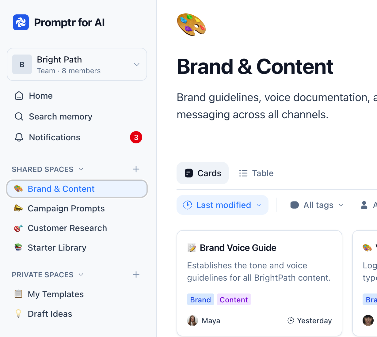 Promptr for AI web app showing a Brand & Content space